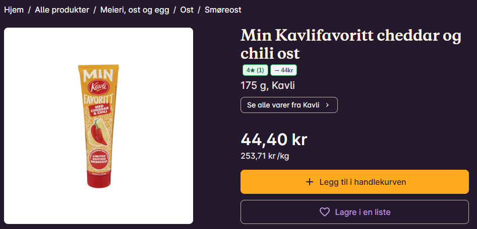 Produktkort på oda.com med både Odalytics-stjernebadge og prisbadge side om side — viser vurdering og pristrend samtidig