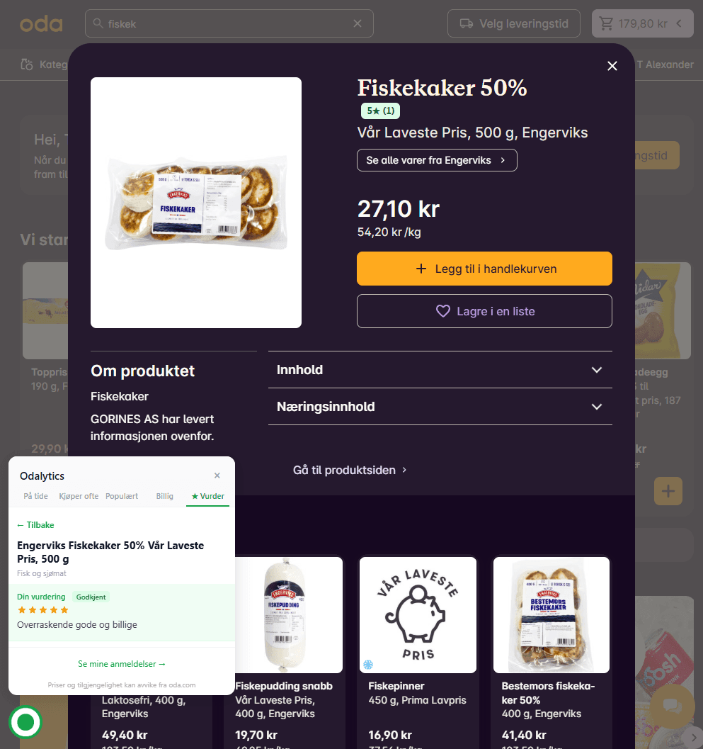 Detaljvisning av produktvurderinger i Odalytics-sidepanelet med snittvurdering og individuelle anmeldelser