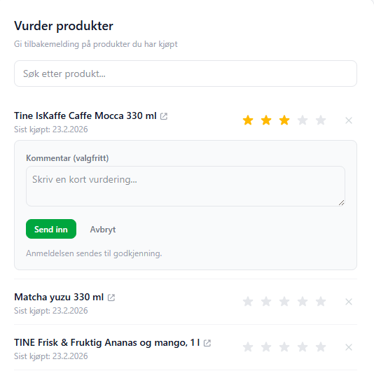 Odalytics vurderingsside med produkter å vurdere og innsendte anmeldelser med stjerner og kommentarer